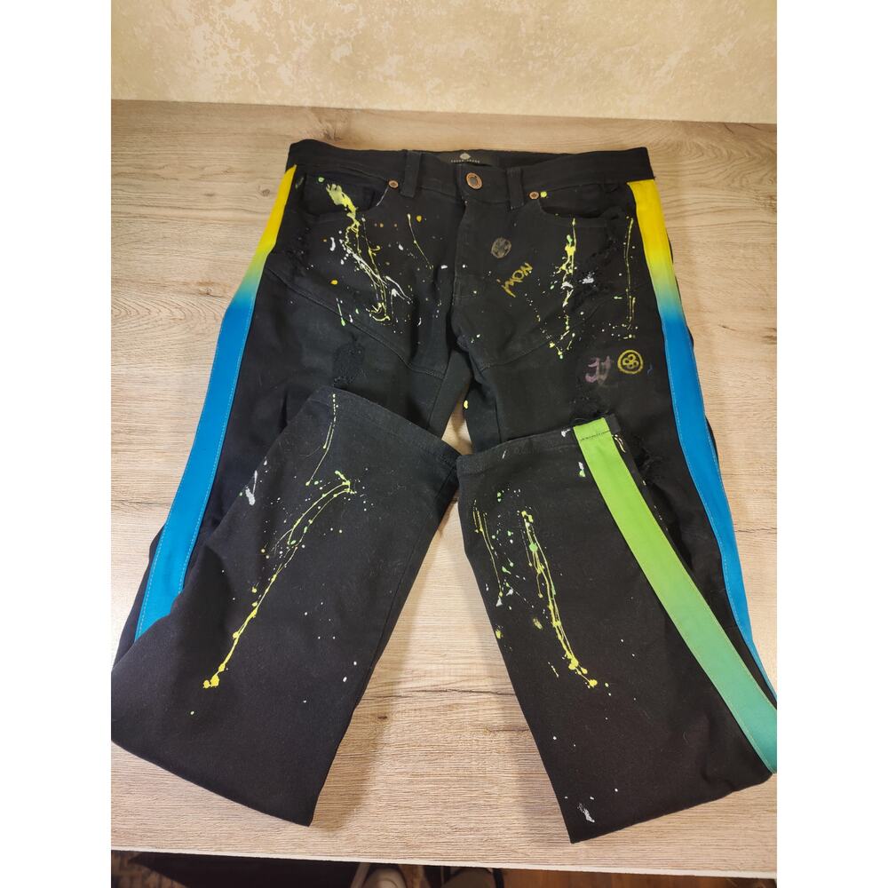 Focus Men's Splatter Denim Jeans with Stripes Grudge‎ Urban Dopamine 32 W 32L